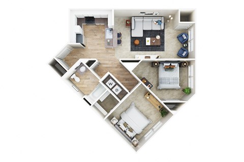 Floor plan for 2 beds, 1 bath, 886 sqft